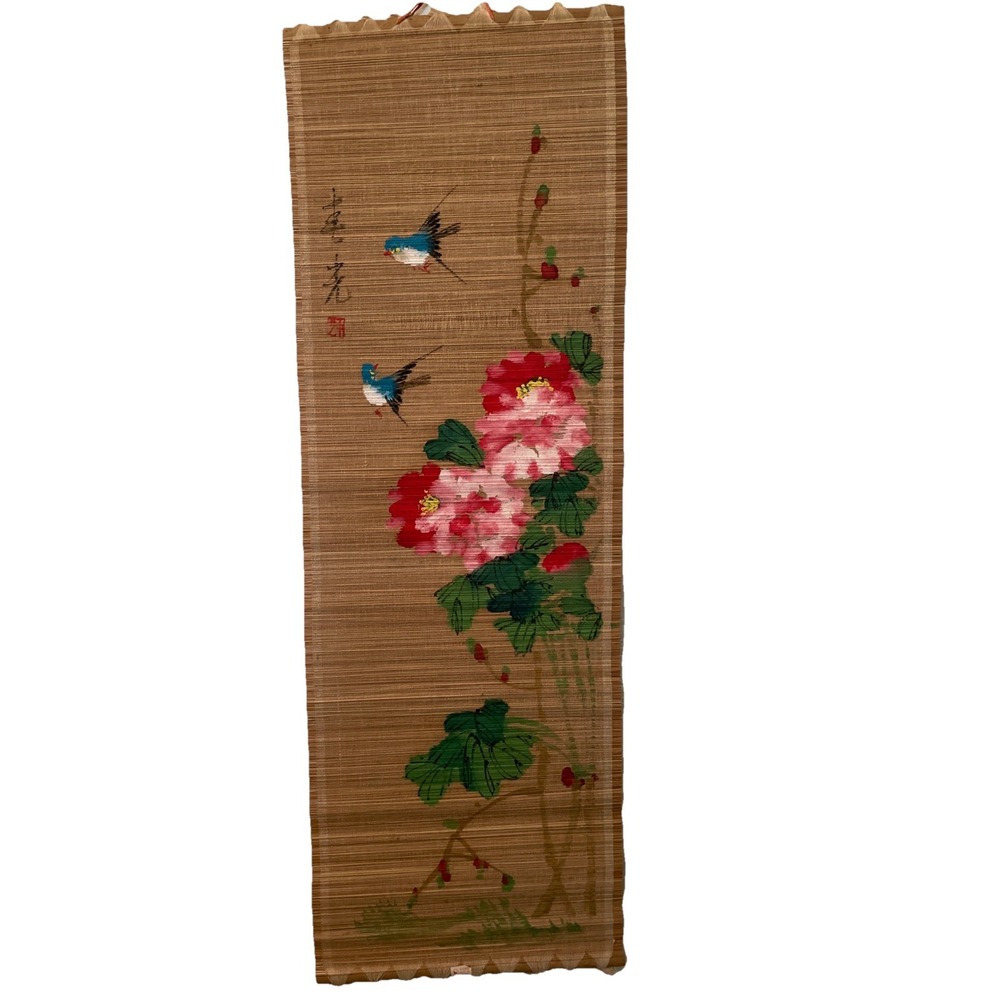 Vintage Chinese Bamboo Scroll – Pink Peony & Blue Bird Hand-Painted Art